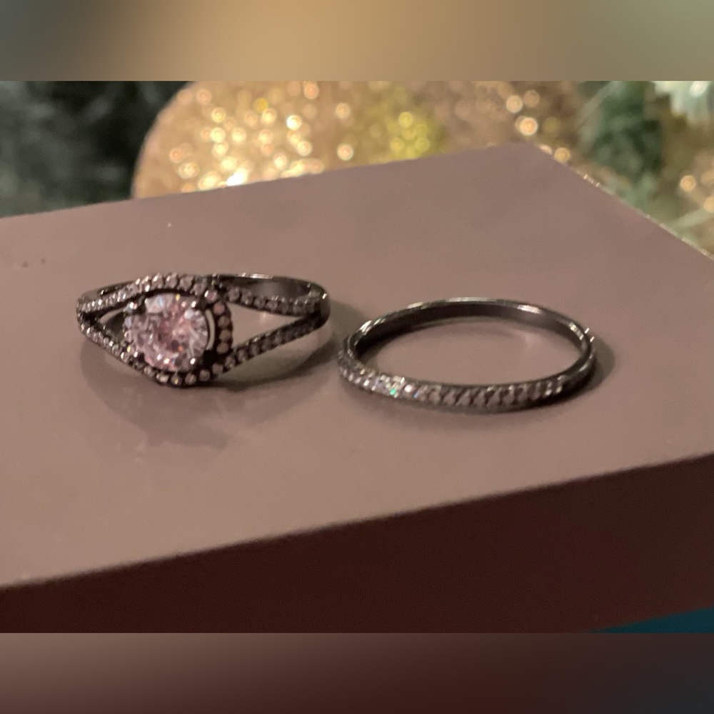 Black Rhodium/silver wedding 2 ring set